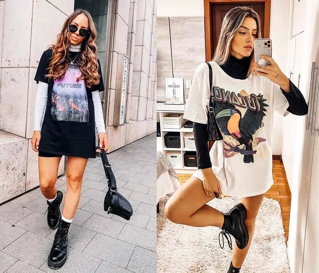 duas fotos de modelo com camisas largas e diferentes