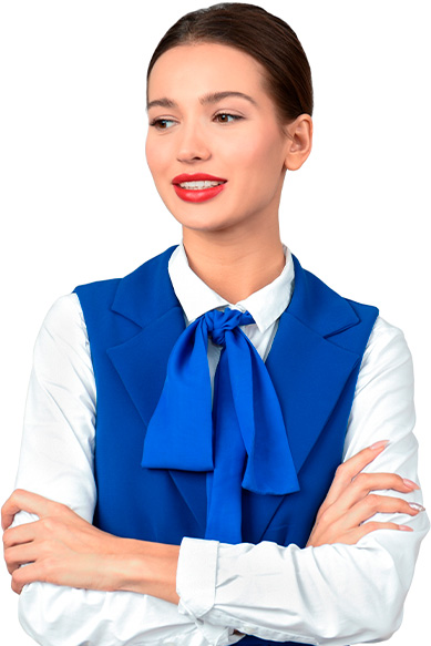 Profissional em traje de trabalho azul com laço